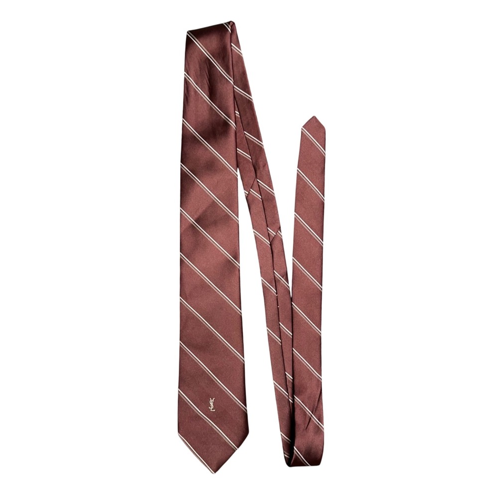 YSL silk tie mens burgundy stripe luxury business office logo classic designer